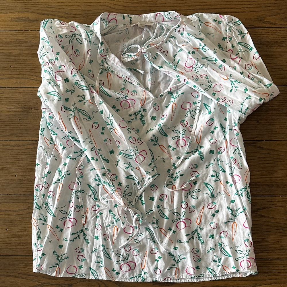 LOFT Women's White Vegetable Printed Tie-Neck Blouse